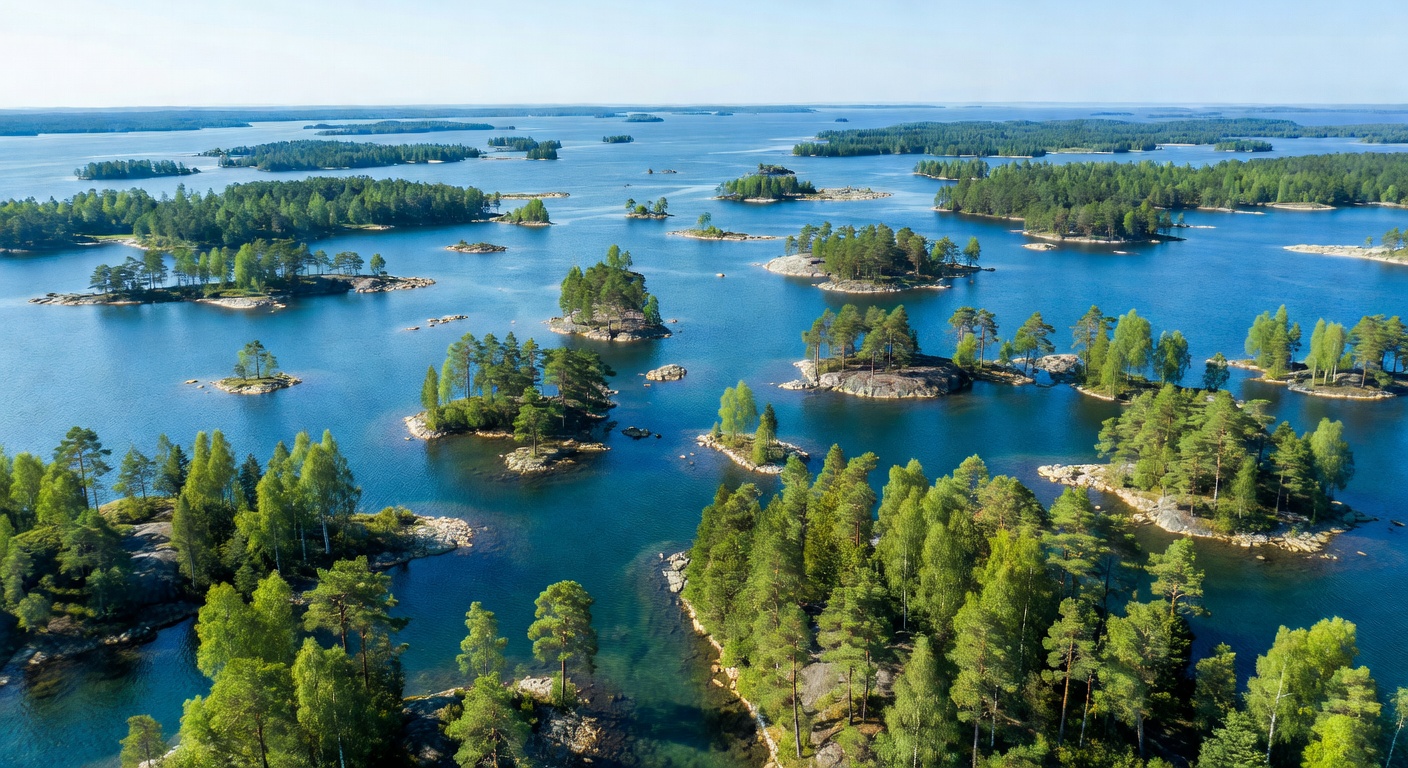 Aerial view of small islands and dense green forests in the Finnish Archipelago