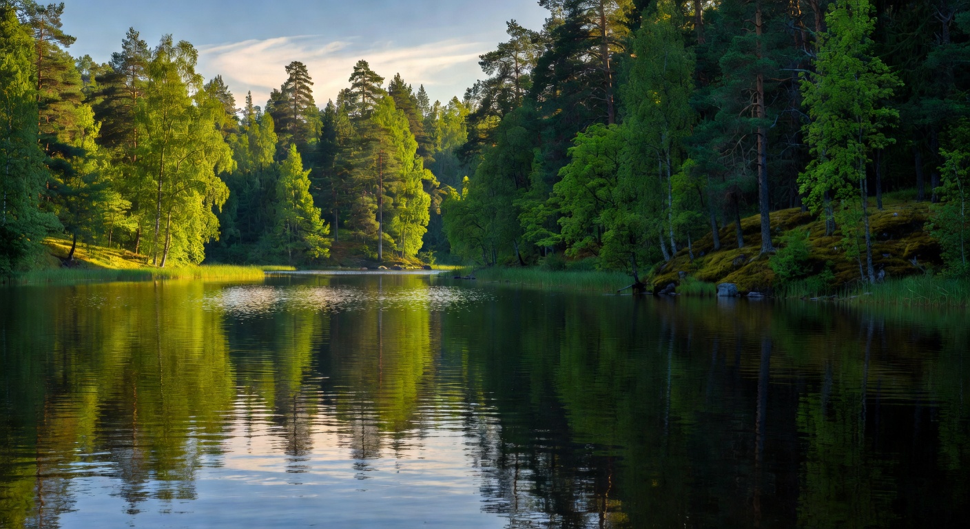 Beautiful landscape of a calm Finnish lake surrounded by lush green forests