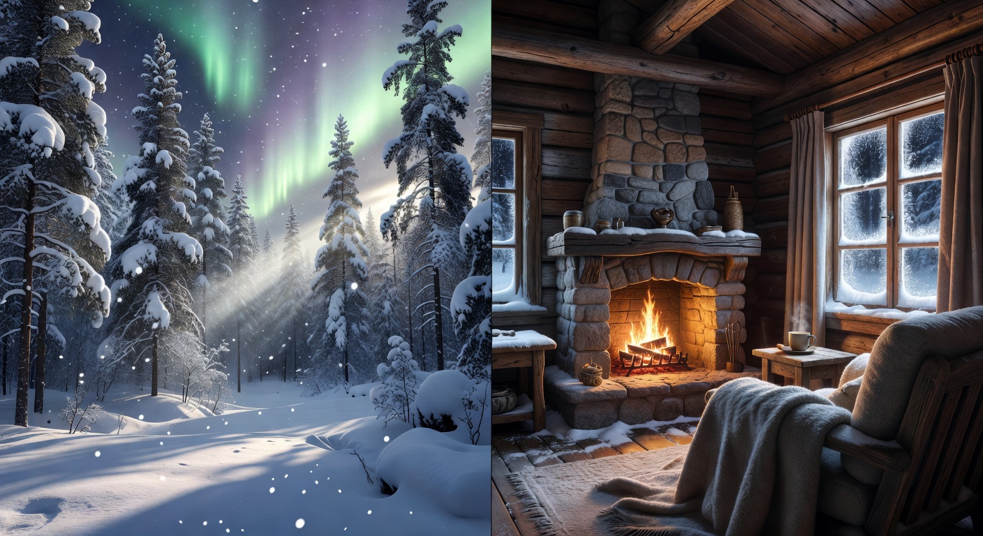 Finnish snowy cabin with warm glowing lights in winter forest