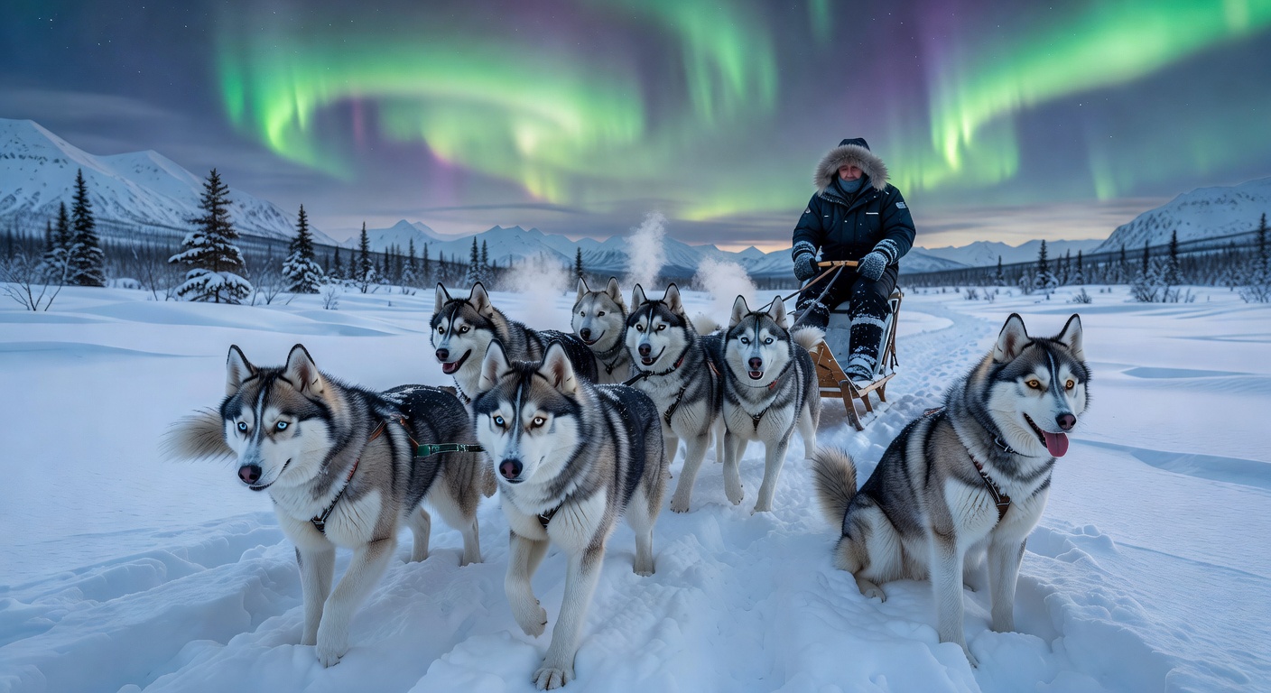 Husky dog sledding through a snowy forest path in Finland