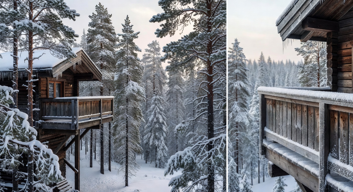 Levi Treetop Retreat wooden balcony nestled in a snowy pine forest