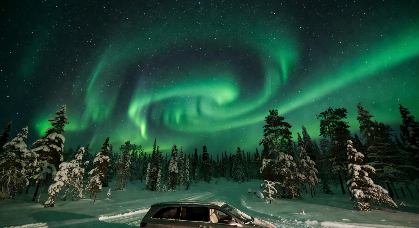 Green Northern Lights filling the night sky over a snow-covered landscape