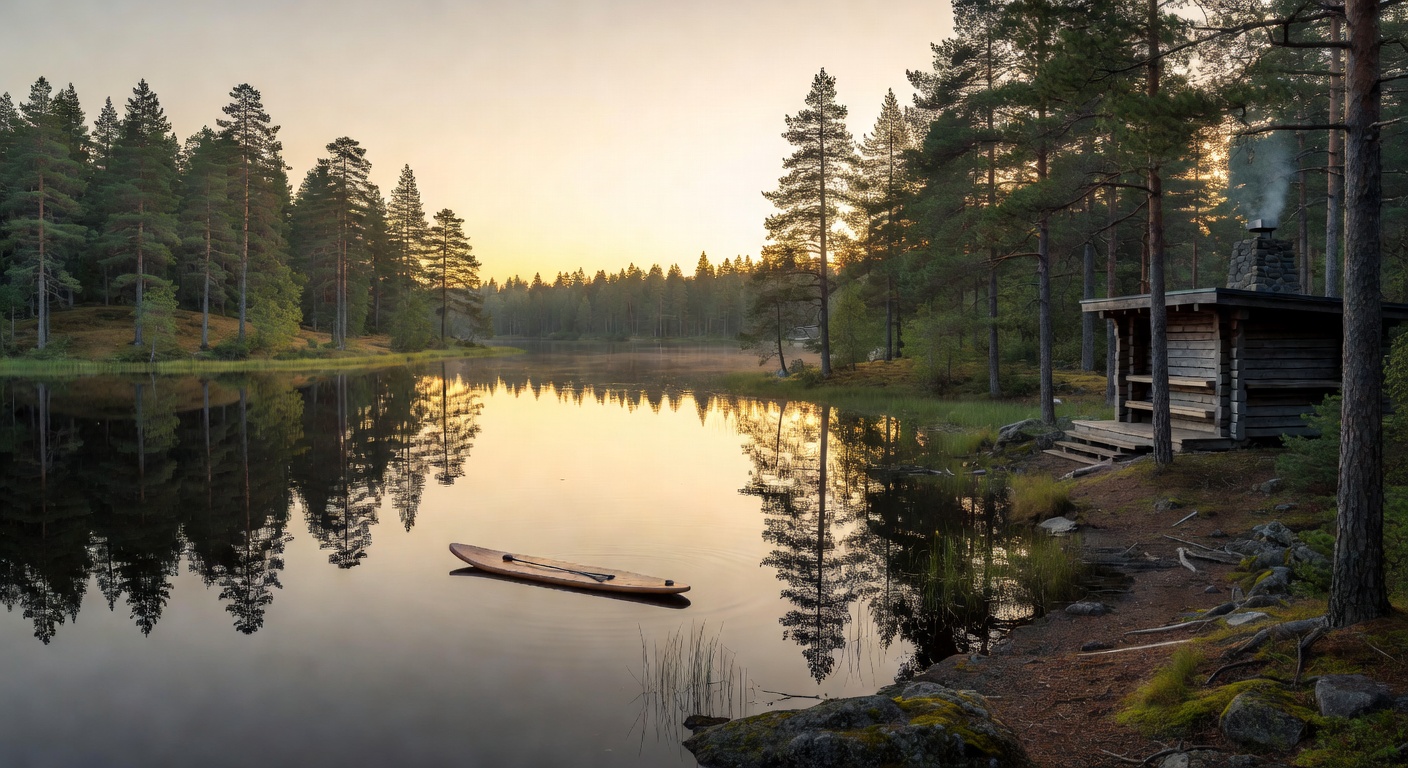 Peaceful summer landscape of a calm Finnish lake surrounded by green pine trees