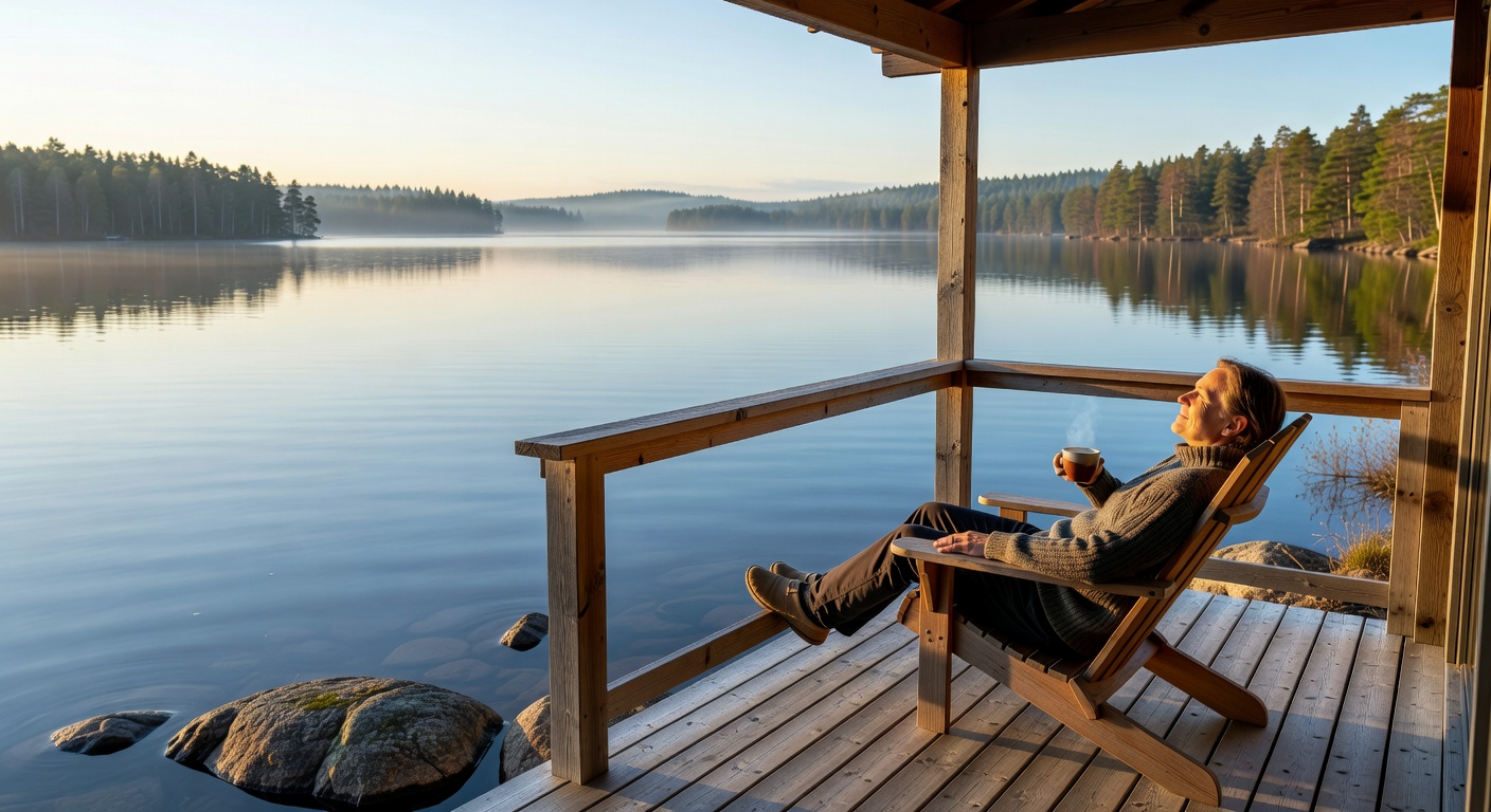 Person relaxing on a wooden balcony overlooking a calm Finnish lake
